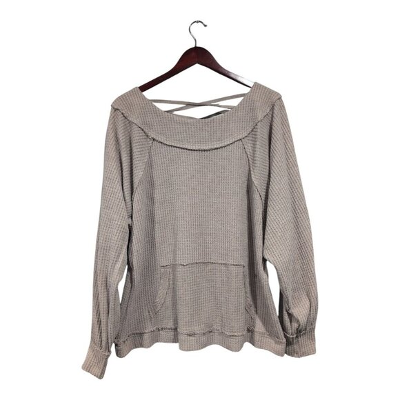 BKE Waffle Knit Long Sleeve Thermal Shirt Top Tan Cross Back Relaxed Fit Sz L - Picture 1 of 16